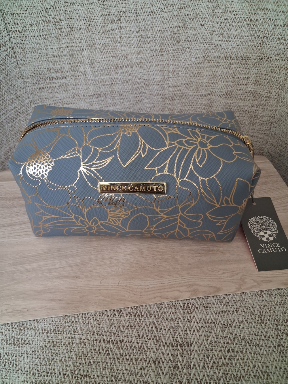 Vince Camuto Blue Cosmetic Bag with Gold Floral Accents